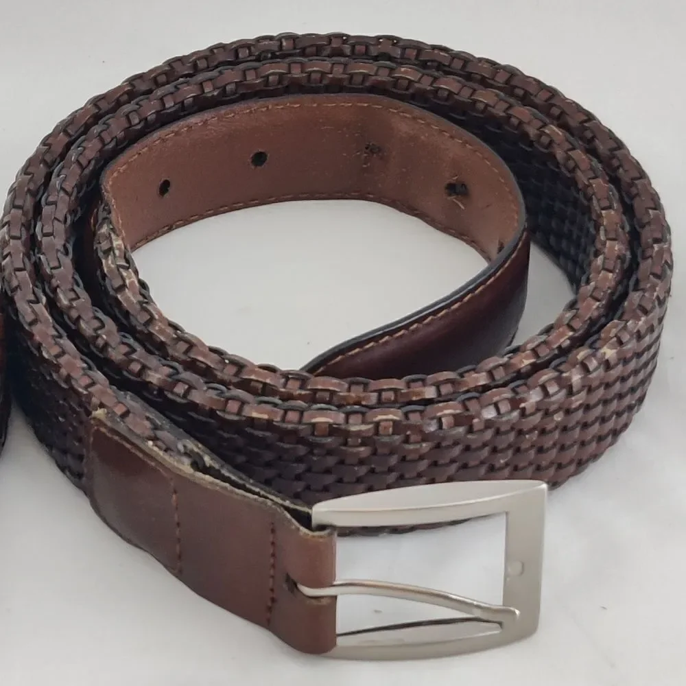 Woven genuine Leather Belt Sz 40 in Brown Square Buckle Heel Prong Silver Metal